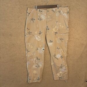 Democracy Flex Ellent Crop Pants Womens Sz 16 Tan Floral Roll Tab Hem Utility